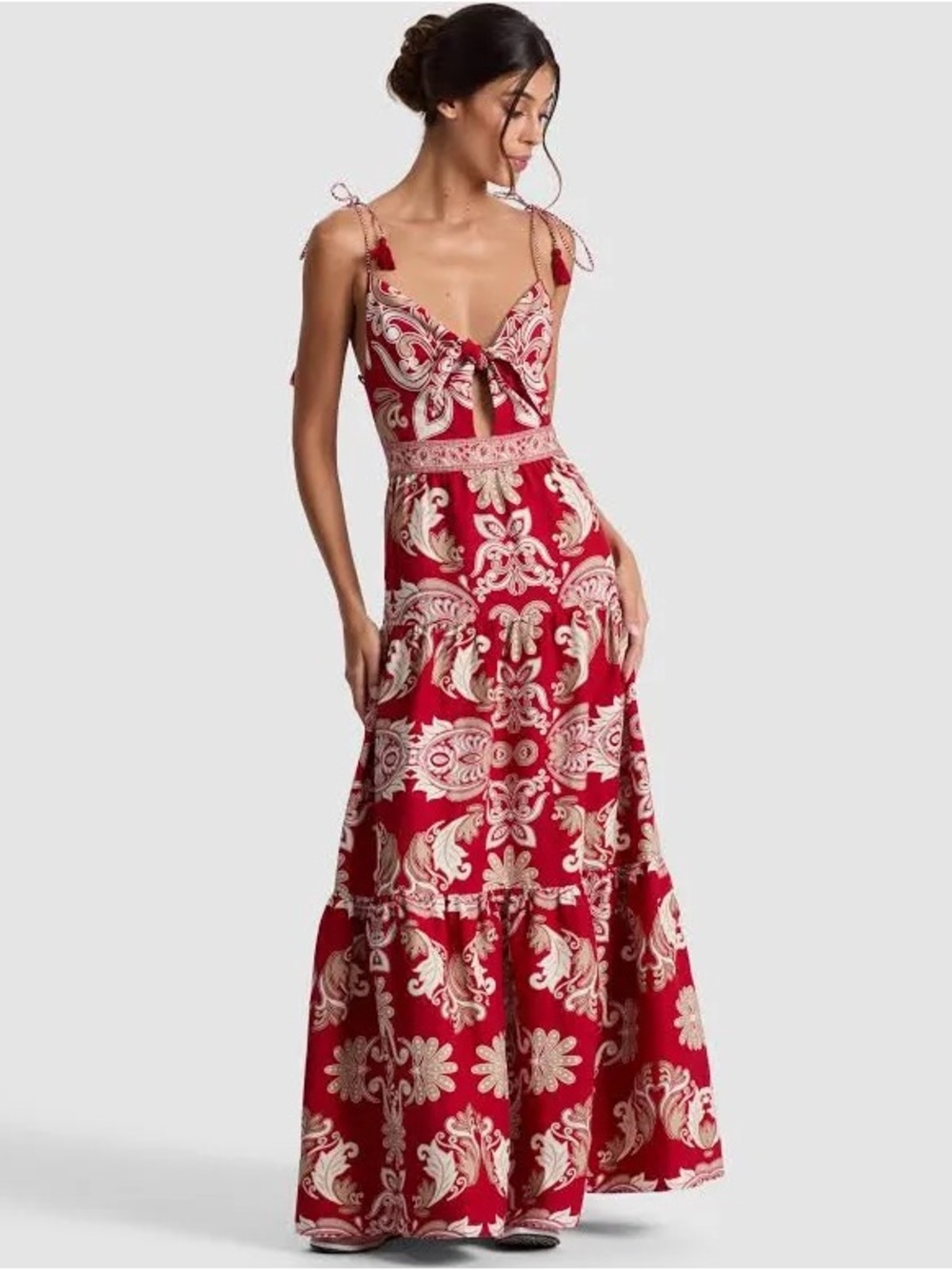NWT Alice + Olivia Red Printed Tie-Front Maxi Dress with Ivory Motif